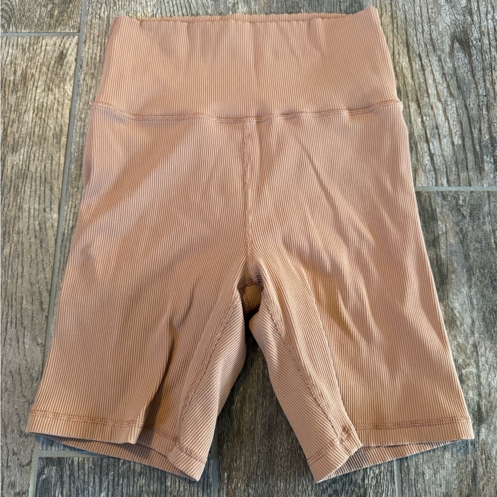 Offline by Aerie High-Waisted Ribbed Bike Shorts in Tan